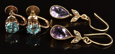 Edwardian pair of 9ct gold earrings set with amethysts and seed pearls and a pair of 9ct gold