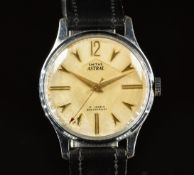 Smiths Astral gentleman's wristwatch with gold hands and hour markers, silver dial, nickel plated