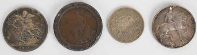 1821 George III crown, 1862 Queen Victoria one rupee, 1797 cartwheel twopence and a WW1 medal