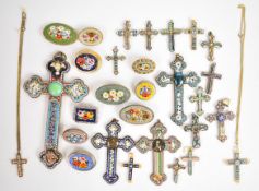 Eighteen cross pendants set with micro mosaic, five 'Roma' and ten micro mosaic brooches