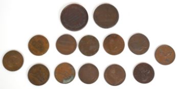 Fourteen bronze / copper trade and advertising tokens for Bell medal, 1792 Birmingham Mining and