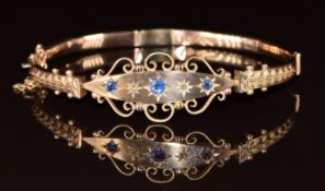 Edwardian 9ct gold bangle set with faux sapphires and diamonds, 7.5g, 5.9 x 5cm