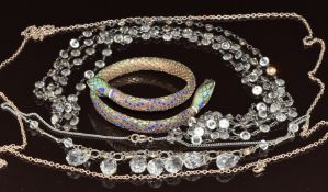 Art Deco silver serpent bangle set with enamel, two Art Deco necklaces and a Georg Jensen silver