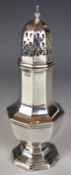 Walker & Hall George V hallmarked silver sugar caster of octagonal baluster form, Sheffield 1931,