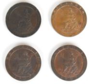 Four 1797 George III one penny coins, with original patination