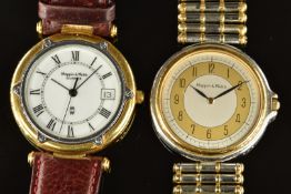 Two Mappin & Webb wristwatches, one with date aperture, black hands, Roman numerals, white dial,