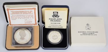 1983 Royal Mint Falkland Islands silver proof coin, 28.28g, together with a 1978 Bahamas $10 proof