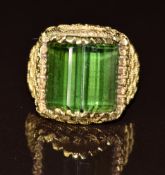 Italian 18ct gold ring set with two tourmalines in a textured basket weave setting, 9.5g, size S