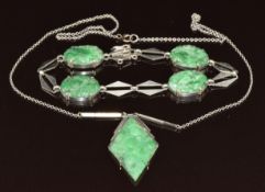 Art Deco 9ct white gold necklace set with carved jadeite, with a similar bracelet, 16.6g
