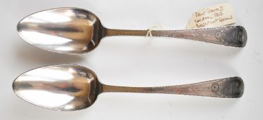 Pair of Georgian hallmarked silver bright cut table spoons, London 1803, maker Alice & George