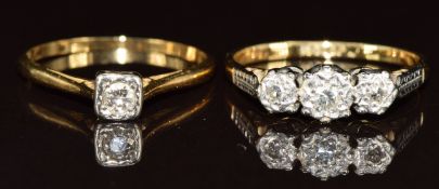 Two 18ct gold rings both set with diamonds in platinum settings, 4.3g, size L