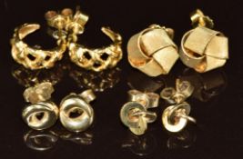 Four pairs of 9ct gold earrings including knots and hoops, 11.8g