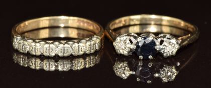 Two 9ct gold rings, one set with diamonds and the other diamonds and a sapphire, 4.2g, sizes P & M