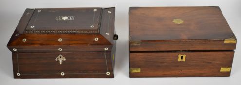 Mother of pearl inlaid rosewood jewellery box with lift out tray and a brass inlaid mahogany writing