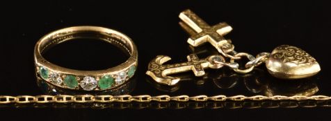A 9ct gold ring set with alternating emeralds and cubic zirconia (size M) and a 9ct gold pendant