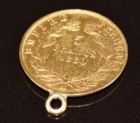 1860 Napoleon III gold 5 Franc coin with pendant loop attached, 1.7g