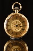 W & Cie 18ct gold keyless winding open faced pocket watch with blued hands, black Roman numerals,