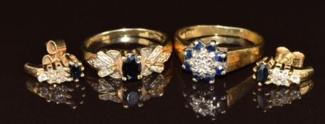 An 18ct gold ring set with a diamond surrounded by sapphires (4.1g, size J), a 9ct gold ring set