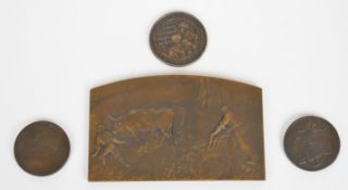 19th / 20thC bronze agricultural plaque with scenes of ploughing with oxen and scything corn, signed