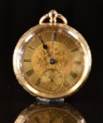 Unnamed 14ct gold open faced pocket watch with blued hands, black Roman numerals, engraved gold dial