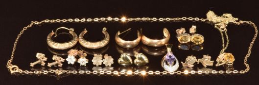A collection of 9ct gold including eight pairs of earrings, a pendant set with amethyst and a