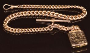 9ct gold Albert / watch chain made up of graduated curb links, with T bar (46g) and shield shaped