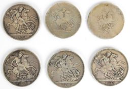 Six Georgian and Victorian crowns comprising 1819, similar Georgian example with date rubbed,