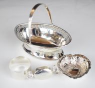 Hallmarked silver items comprising swing handled bon bon dish, maker Levi & Salaman, length 13cm,