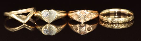 A 15ct gold ring (1.9g, size M), and three 9ct gold rings, 3.5g, sizes P & N