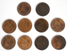 Ten Queen Victoria pennies comprising 1861, 1862, 1863, 1882, 1883, 1884, 1885, 1886, 1887 and 1888,