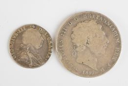1819 George III crown and a holed 1787 'hearts in shield' shilling