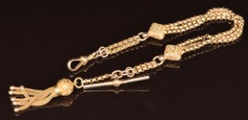 A 9ct gold fob chain with tassel charm, stamped 9ct & G.E.W.Ltd, 11.2g, 22cm