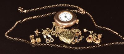 Two 9ct gold chains, 9ct gold back and front locket, four pairs of 9ct gold earrings, 6.5g and a 9ct