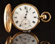 Unnamed 18ct gold keyless winding half hunter pocket watch with subsidiary seconds dial, blued