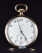 Longines Grand Prix Art Deco 14ct gold keyless winding open faced pocket watch with subsidiary