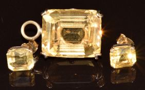 A 9ct gold pendant set with an emerald cut citrine (21.4 x 17.4 x 12.2mm) and a pair of 9ct gold