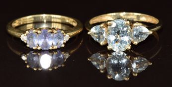 Two 9ct gold rings, one set with tanzanites and diamonds and the other topaz, 4.6g, size S & P