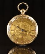 Unnamed 18ct gold open faced pocket watch with blued hands, gold Roman numerals, engraved gold
