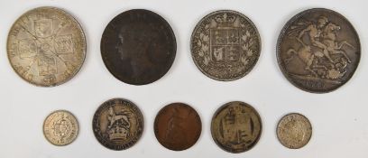 Victorian and later coinage including 1889 crown, 1889 florin and 1885 half crown and an 1838 penny,