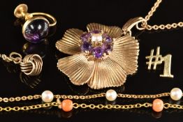 A 9ct gold necklace set with coral, 9ct gold flower pendant set with amethysts and pearls, 9ct