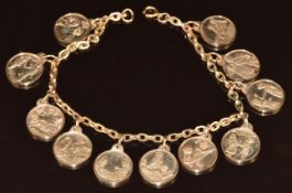 A 14k gold charm bracelet with twelve 14k gold charms depicting love in each month, 25g, 17.5cm