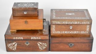 A collection of 19thC mother of pearl inlaid rosewood boxes and a mahogany twin handled box, two