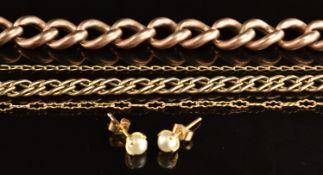 A 9ct rose gold curb link bracelet, 9ct gold bracelet and chain (damaged, 15g) and an 18k gold chain