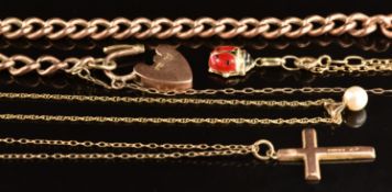 A 9ct rose gold curb link bracelet, 9ct gold cross and chain, 9ct gold bracelet, 9ct gold ladybird