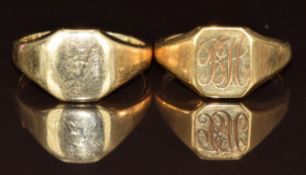 Two 9ct gold signet rings, 10.9g, sizes S & V