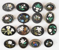 Sixteen pietra dura brooches including seven silver examples, one bird and the others floral