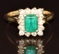 A 14k gold ring set with a synthetic green stone surrounded by moissanite, 4g, size M