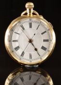 Unsigned 18ct gold keyless winding open faced chronograph pocket watch with gold hours and minutes