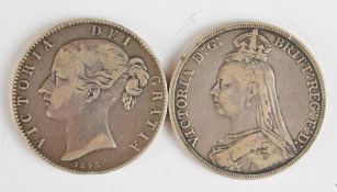 Two Queen Victoria crowns comprising 1845 bun head example with shield reverse and an 1889 Jubilee
