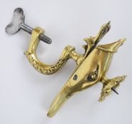 19thC brass figural duck head sewing clamp with pricket / candle sconce surmount, crown thumbpiece